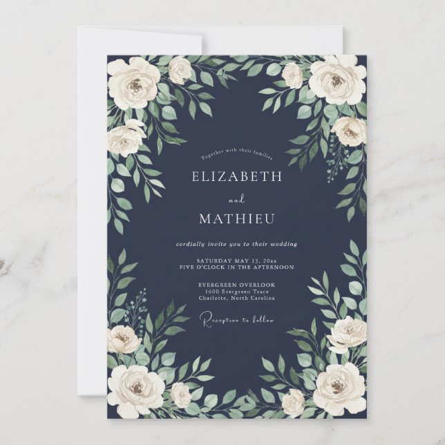 Invitation Mariage Botanique Verdoyant Bleu Marine (Devant)