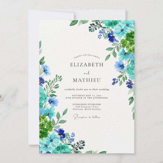Invitation Mariage Botanique Vert Bleu Vif (Devant)