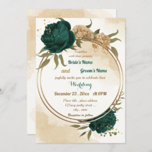 Invitation Mariage botanique vert émeraude beige or