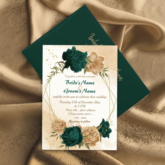 Invitation Mariage botanique vert émeraude beige or (Créateur téléchargé)