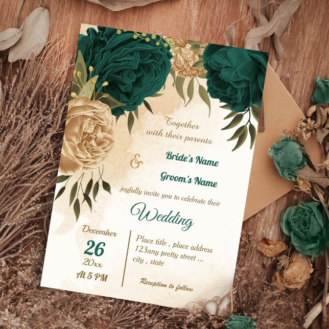 Invitation Mariage botanique vert émeraude beige or (Créateur téléchargé)