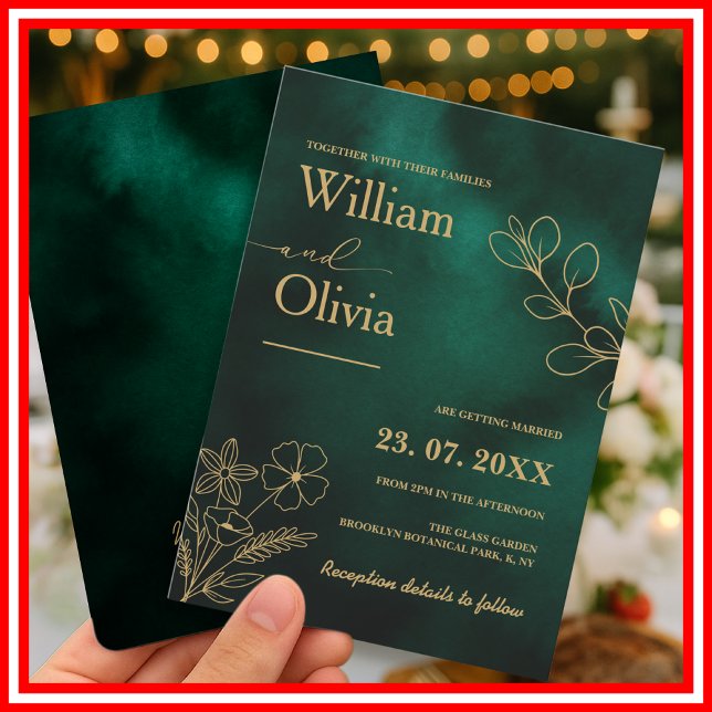 Invitation Mariage botanique vert émeraude et or (Créateur téléchargé)