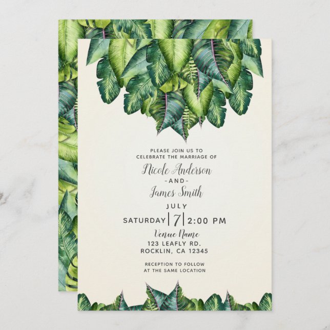 Invitation Mariage botanique vert Feuille de la Jungle tropic (Devant / Derrière)