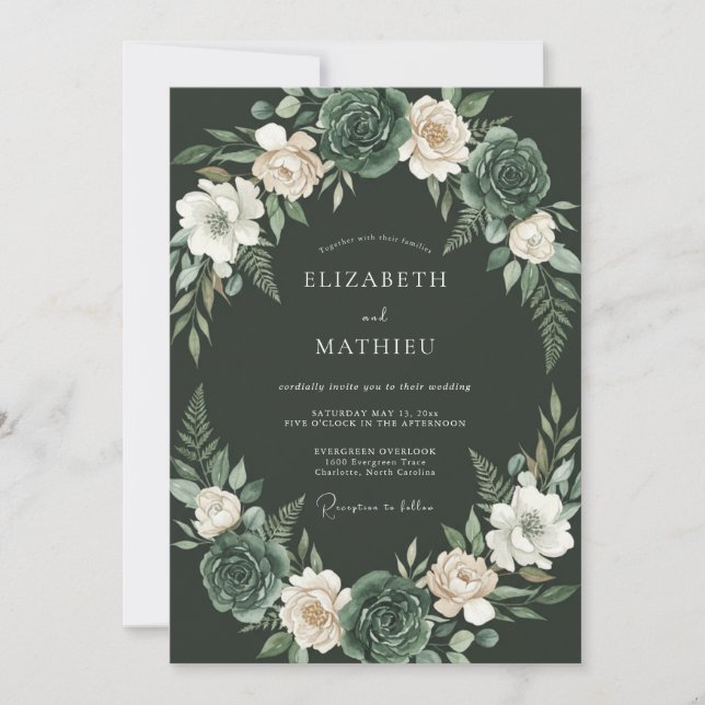 Invitation Mariage botanique vert foncé et lunatique (Devant)