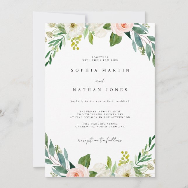 Invitation Mariage botanique vert lavis aquarelle (Devant)