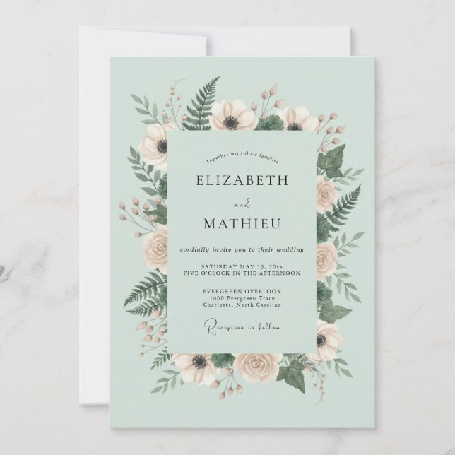 Invitation Mariage botanique vert menthe en forêt (Devant)