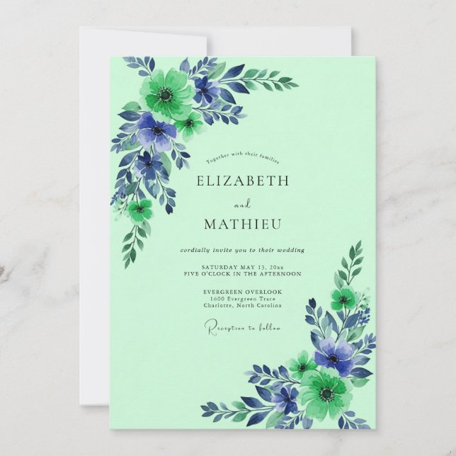 Invitation Mariage Botanique Vert Menthe Immaculé (Devant)