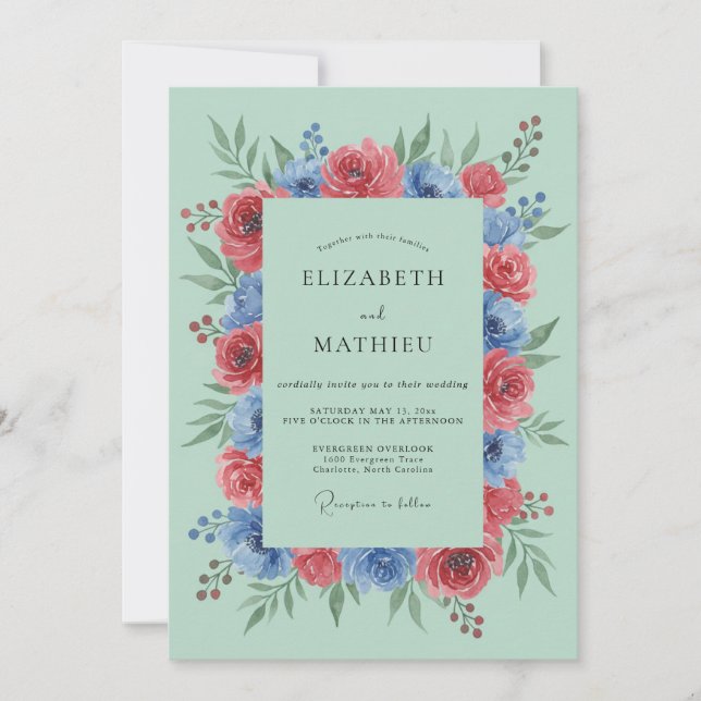 Invitation Mariage Botanique Vert Menthe Vivant (Devant)
