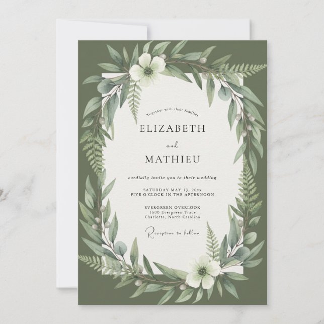 Invitation Mariage Botanique Vert Olive (Devant)