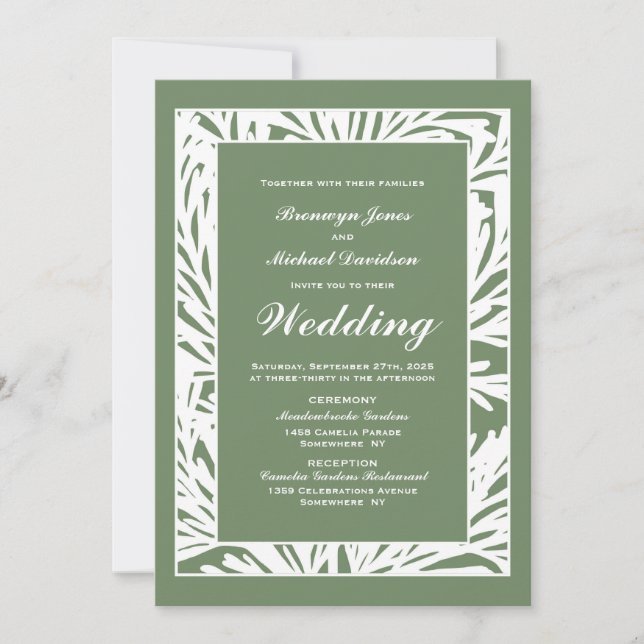 Invitation Mariage botanique vert olive et blanc (Devant)