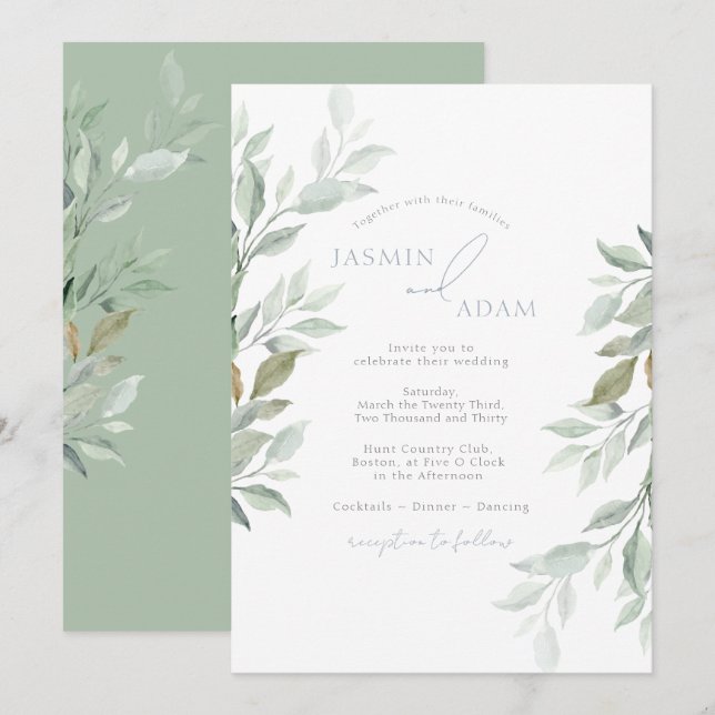 Invitation Mariage botanique vert sauge élégant (Devant / Derrière)