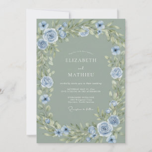 Invitation Mariage Botanique Vert Sauge et Bleu Poussiéreux