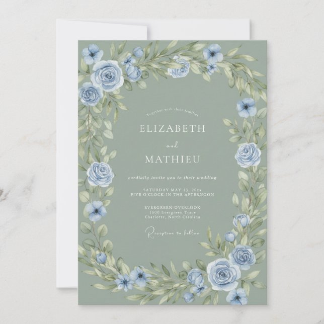 Invitation Mariage Botanique Vert Sauge et Bleu Poussiéreux (Devant)