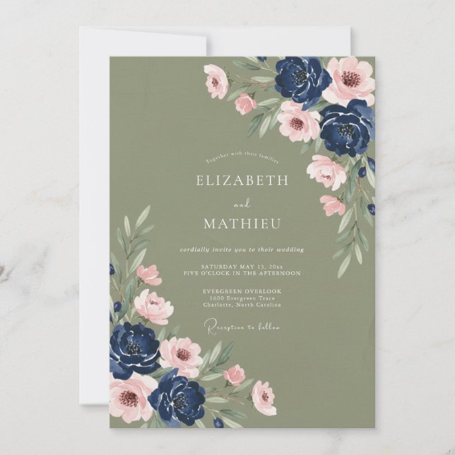 Invitation Mariage Botanique Vert Sauge et Nuit (Devant)