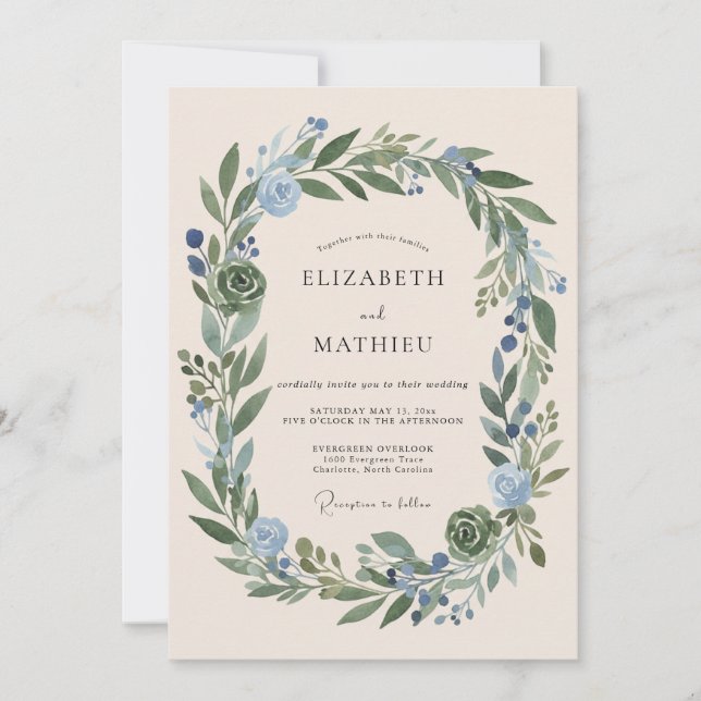 Invitation Mariage Botanique Vert Sauge Immaculé (Devant)
