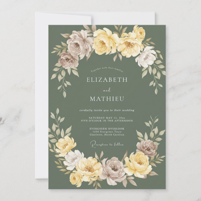 Invitation Mariage Botanique Vert Sauge Jaune (Devant)