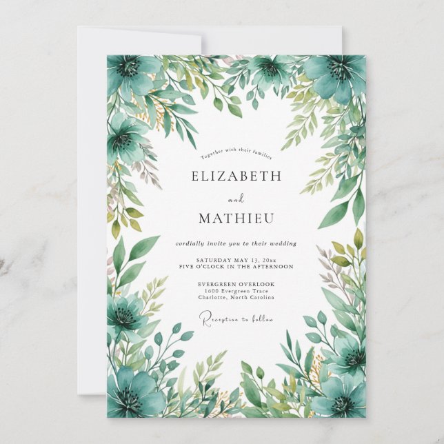 Invitation Mariage Botanique Vert Turquoise (Devant)