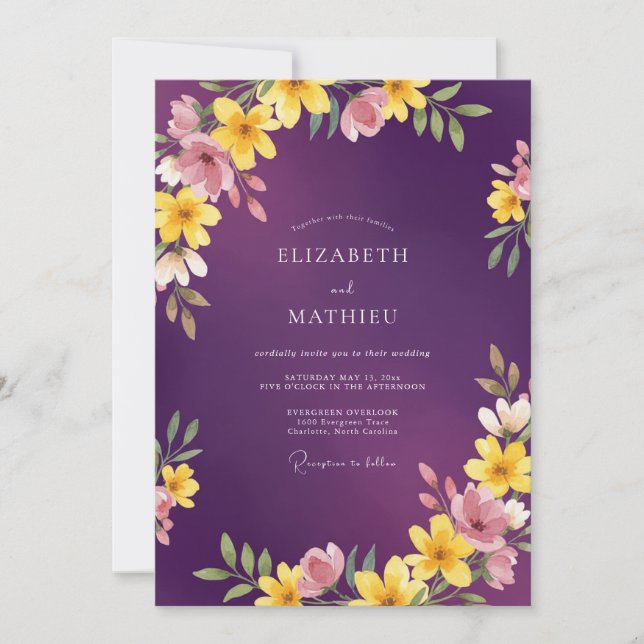 Invitation Mariage Botanique Vibrant au Prune (Devant)