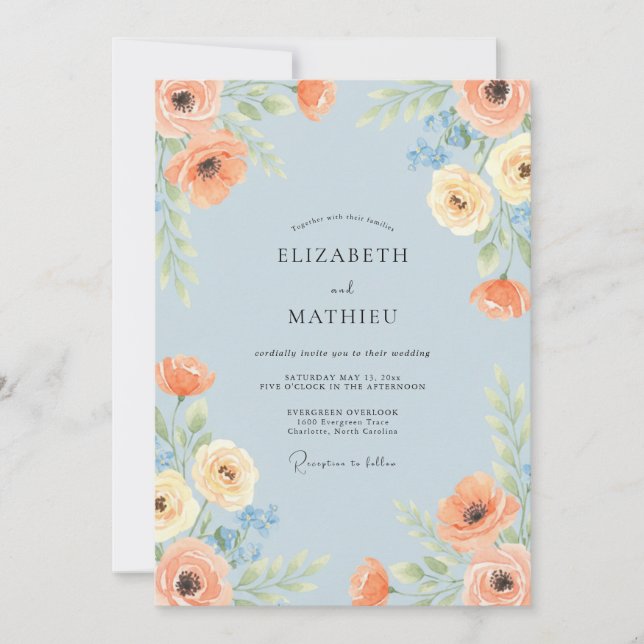 Invitation Mariage Botanique Vibrant Bleu Ciel (Devant)