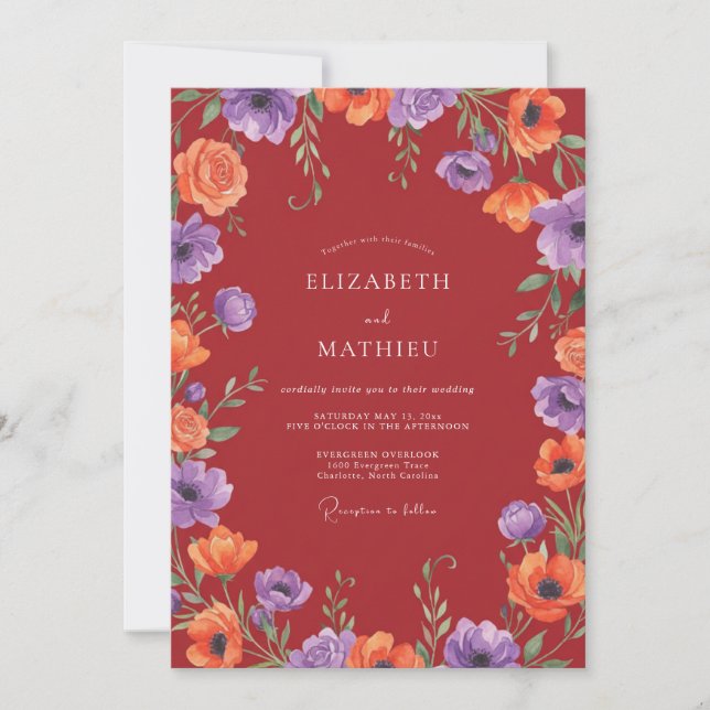 Invitation Mariage Botanique Vibrant Cramoisi (Devant)