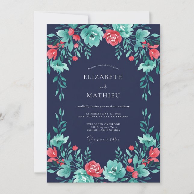 Invitation Mariage Botanique Vibrant de Teal de la Marine (Devant)