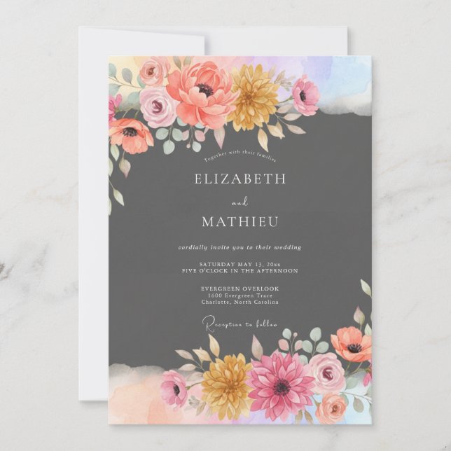 Invitation Mariage Botanique Vibrant Gris Charbon (Devant)