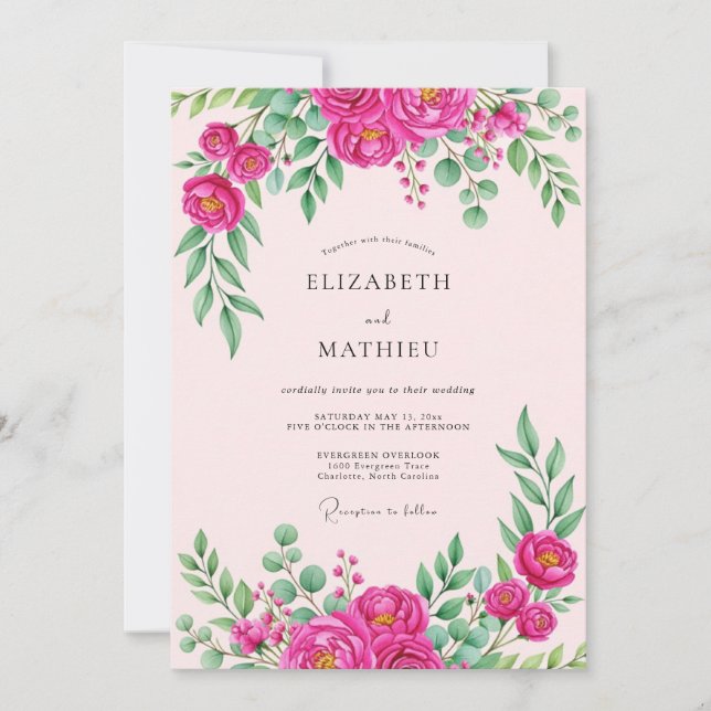 Invitation Mariage Botanique Vibrant Rose Chaud (Devant)