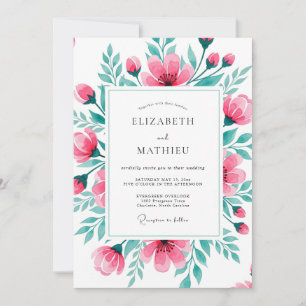 Invitation Mariage botanique vibrant rose sarcelle