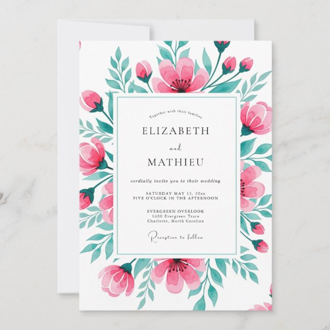 Invitation Mariage botanique vibrant rose sarcelle (Devant)