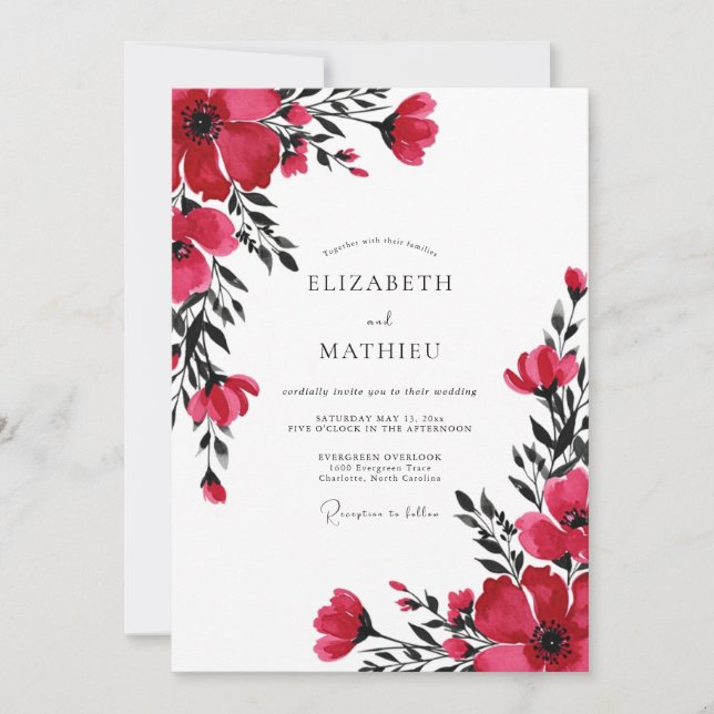 Invitation Mariage Botanique Vibrant Rouge (Devant)