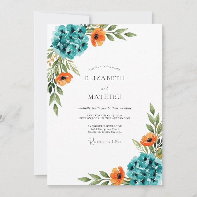 Invitation Mariage Botanique Vibrant Sarcelle (Devant)