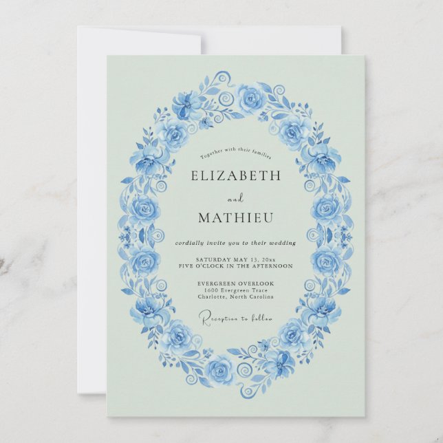Invitation Mariage Botanique Vintage Bleu Barbeau (Devant)