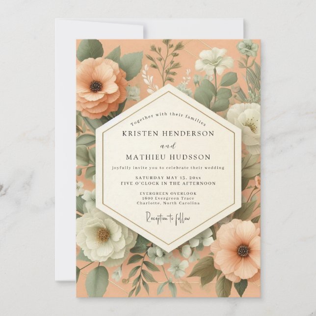 Invitation Mariage Botanique Vintage Corail (Devant)