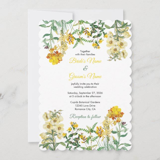 Invitation Mariage botanique vintage jaune Aquarelle (Devant)