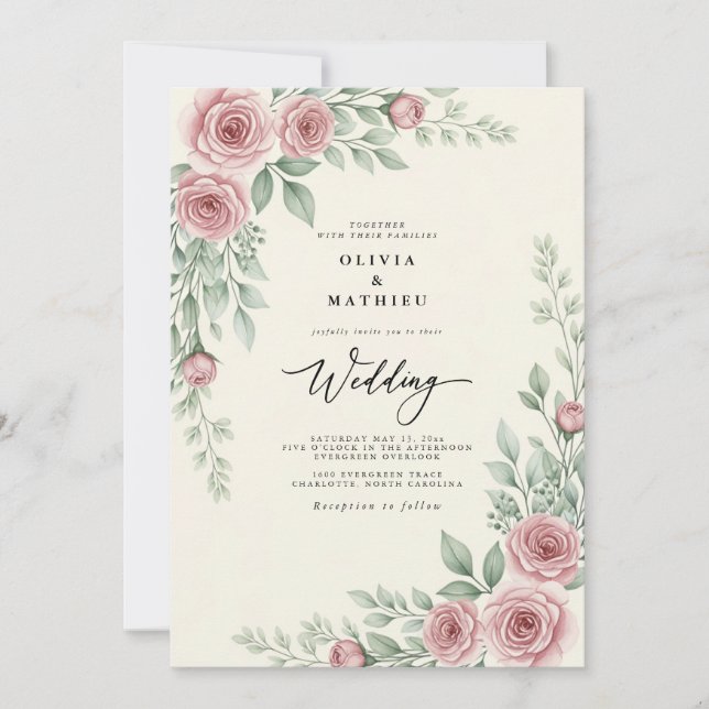 Invitation Mariage Botanique Vintage Rose Pâle (Devant)
