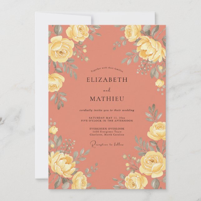 Invitation Mariage Botanique Vintage Saumon (Devant)