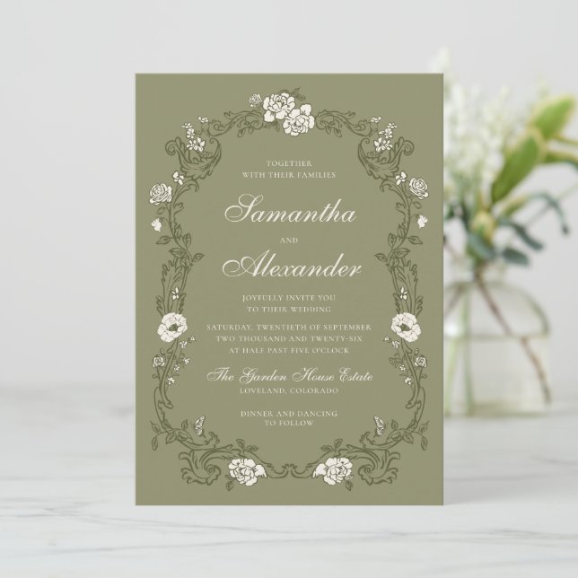 Invitation Mariage Botanique Vintage Vert Sauge (Debout devant)
