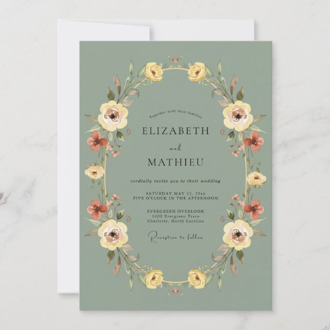 Invitation Mariage Botanique Vintage Vert Sauge (Devant)