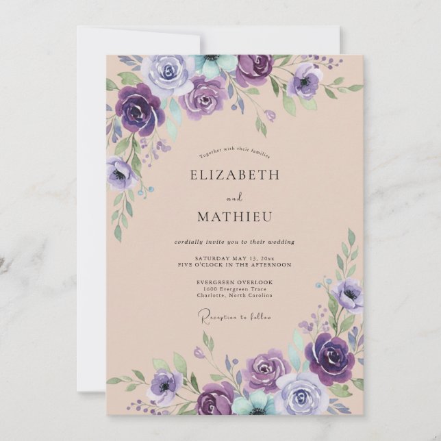 Invitation Mariage Botanique Violet Gracieux (Devant)