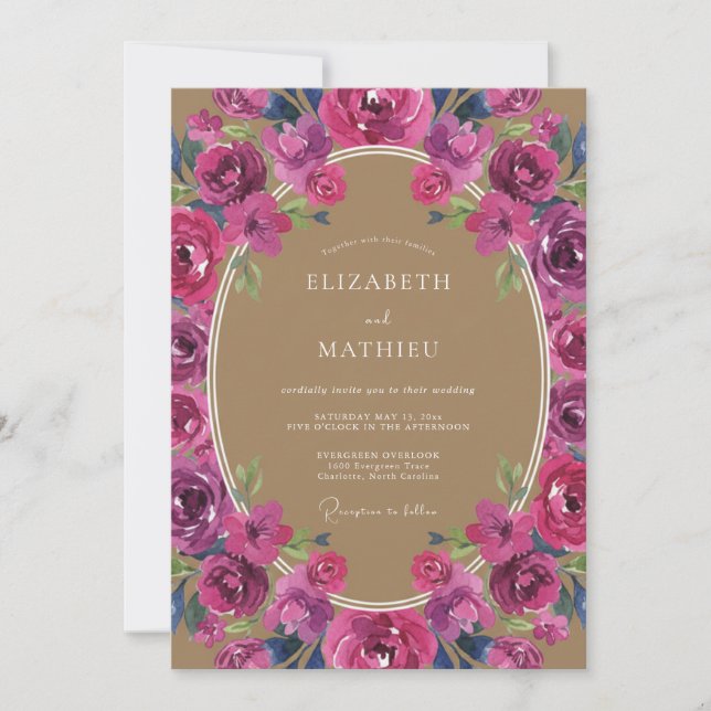 Invitation Mariage Botanique Violet Magenta (Devant)