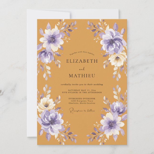 Invitation Mariage Botanique Violet Moutarde (Devant)