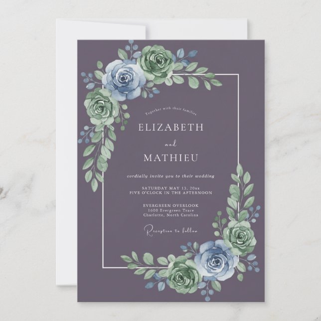 Invitation Mariage Botanique Violet Sombre Atténué (Devant)