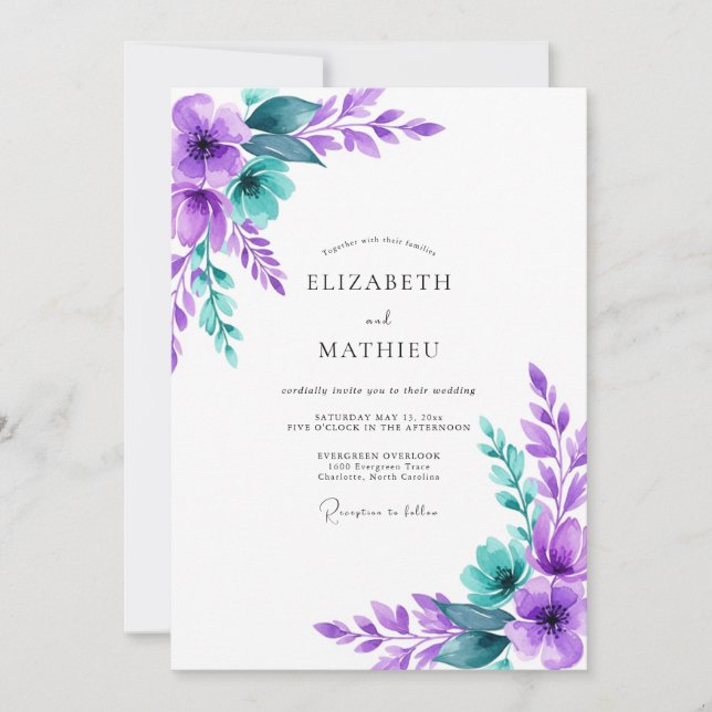 Invitation Mariage Botanique Violet Turquoise Béni (Devant)