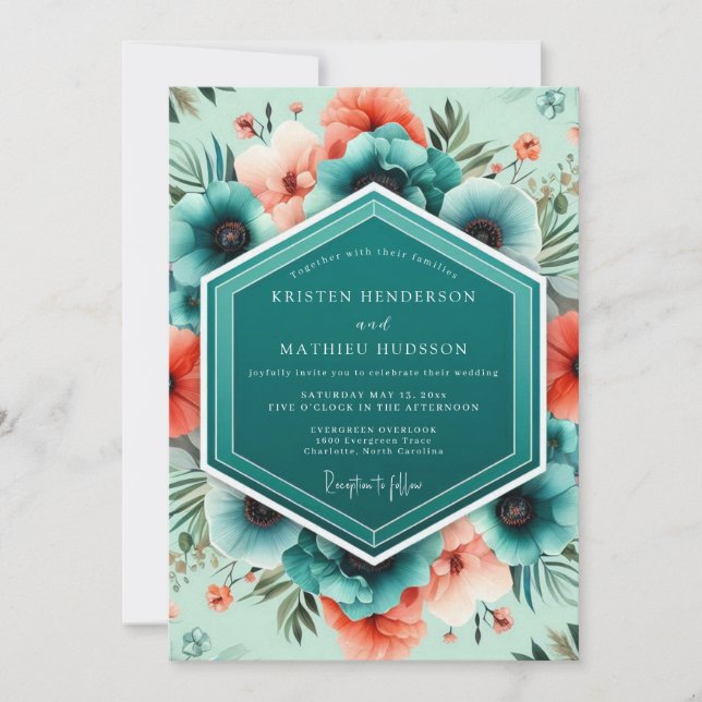 Invitation Mariage Botanique Vivant Corail Sarcelle (Devant)