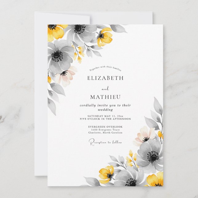 Invitation Mariage Botanique Vivant Gris Jaune (Devant)