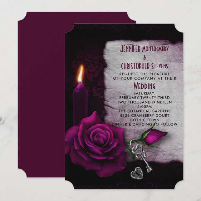 Invitation Mariage Bougie Rose Gothique et Médaillon (Devant / Derrière)