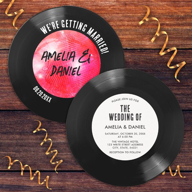 Invitation Mariage Boule à Facettes Rose Disque Vinyle Noir B (Front and Back)
