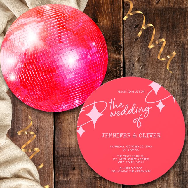 Invitation Mariage boule disco orange rose rétro (Front and Back)