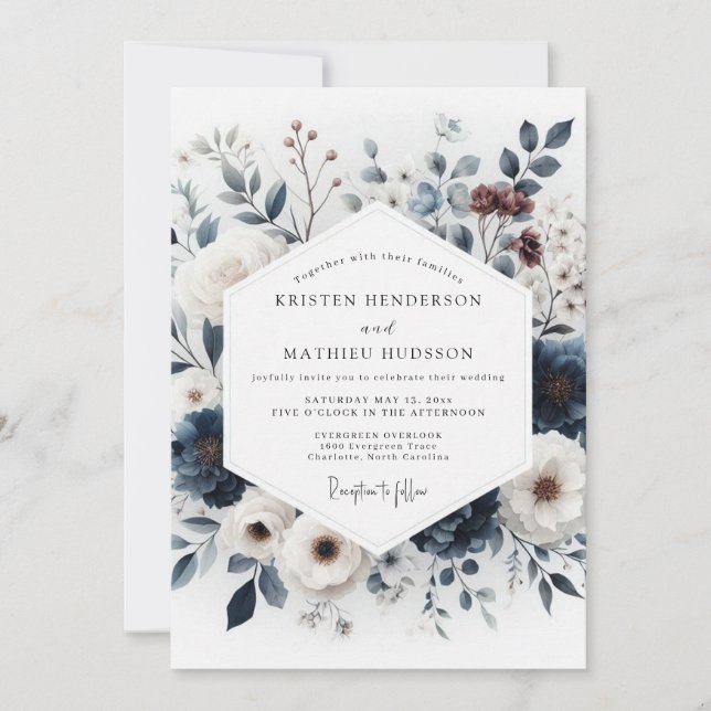 Invitation Mariage Bouquet Artistique Indigo (Devant)