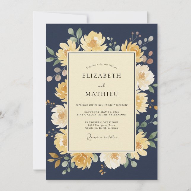 Invitation Mariage Bouquet Floral Jaune Navy (Devant)
